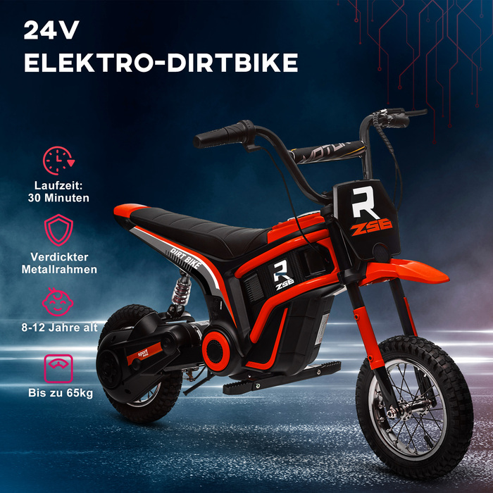 Дитячий електричний мотоцикл HOMCOM з двигуном 24 В 350 Вт, швидкісний режим 8-16 км/год, 12-дюймова пневматична шина, електричний мотоцикл з музичною фарою, мотокрос для дітей 8-12 років червоний
