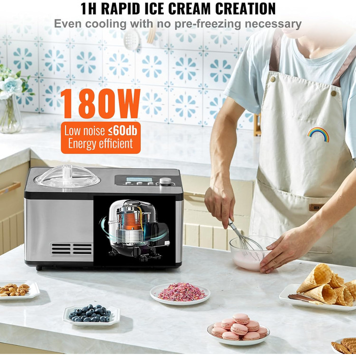 Електрична машина для приготування морозива VEVOR 2L, 180W - Морозиво, сорбет, йогурт, Gelato. Срібна, горизонтальна