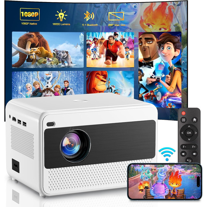 Проектор Smart Beamer WiFi для домашнього кіно, 16000 Люмен Full HD 1080P, електричний фокус, Zoom, Bluetooth, сумісний з iOS/Android/Fire Stick/Laptop/PS5