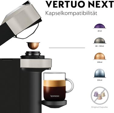 Nespresso Krups XN910B Vertuo Next: Кавомашина капсульна, 1.1л, розпізнавання капсул, 6 розмірів, сірий