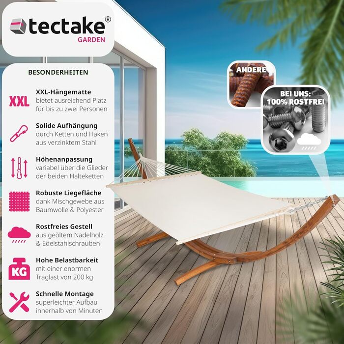 Гамак tectake XXL для двох, з металевою стійкою, 205x150 см, навантаження до 200 кг, подвійний лежак для саду, балкона та тераси