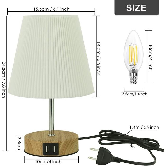 Настільна лампа HSLighting з димером, сенсорна, USB A+C зарядка, розетки, 2 LED-лампи, лляний абажур, для спальні, вітальні, офісу