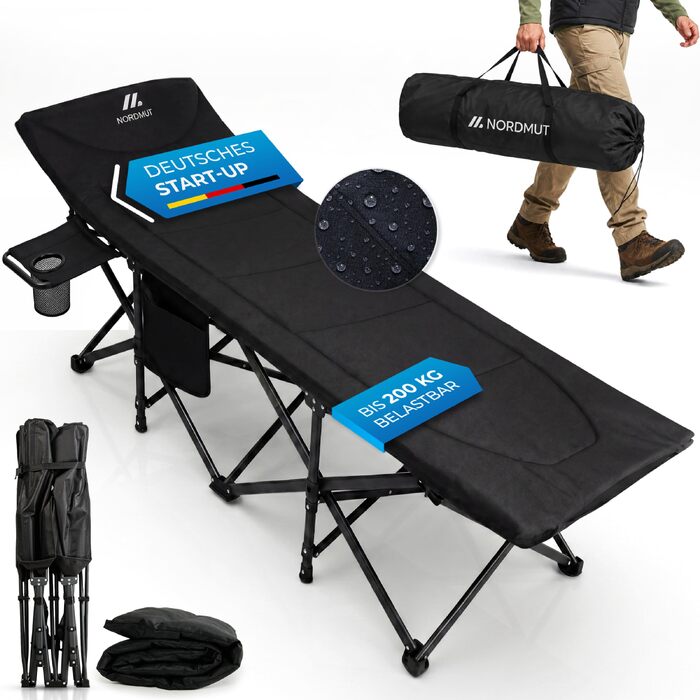 Ліжко похідне NORDMUT® складане з матрацом - міцне кемпінгове ліжко до 200 кг, гостьове ліжко для дому, саду та відпочинку (Антрацит)