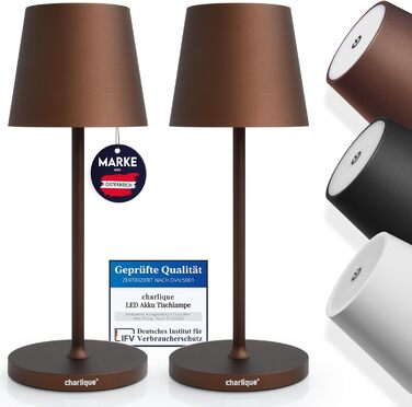 Світильник charlique® LED акумуляторний настільний міні (коричневий), 28 см – бездротова лампа з USB, тепле світло, для дому та вулиці, водостійка для балкона, тераси й саду