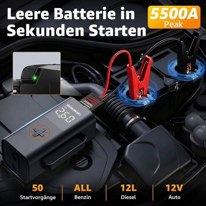 Пусковий пристрій для авто (бустер) 9 в 1 з компресором 150PSI, Powerbank 5500A, LCD-дисплеєм та ліхтариком для 12V бензинових та дизельних двигунів