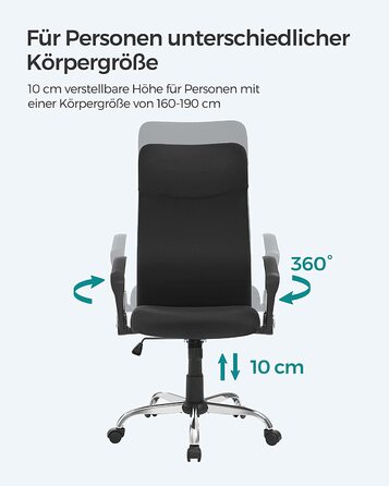 Офісне крісло SONGMICS, ергономічне, обертове, регульоване по висоті та нахилу, м'яке сидіння, вантажопідйомність до 120 кг, чорне
