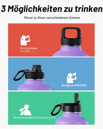Термобутилка Coolflask з соломиною та 3 кришками, сталева ізольована пляшка для води 2Л для спорту та офісу, герметична, Фіолетовий/Чорний