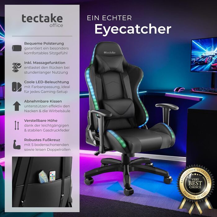 Ігровий крісло Tectake з масажем та LED-підсвіткою, чорний колір. Ергономічний офісний стіл для ігор, крісло для робочого кабінету.