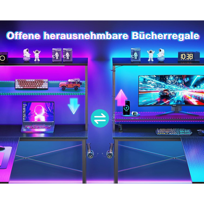 Ігровий стіл Coleshome L-подібної форми з LED підсвічуванням та розетками, 135 × 100 см. Реверсивний стіл з полицями для зберігання, ігровий кутовий стіл з сумкою для дому та геймінгу, чорний (135x100 см)