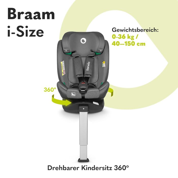 Дитяче автокрісло LIONELO BRAAM i-Size 0-36 кг, 360° обертання, ISOFIX, опора, регульовані підголівник і спинка, сіра вставка