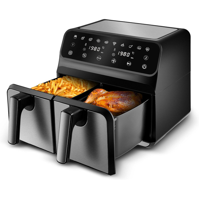 Karaca Multifry XXXL 4+4 л цифрова подвійна аерофритюрниця для здорового та смачного приготування страв для всієї родини, 1700 Вт, технологія 360° циркуляції повітря