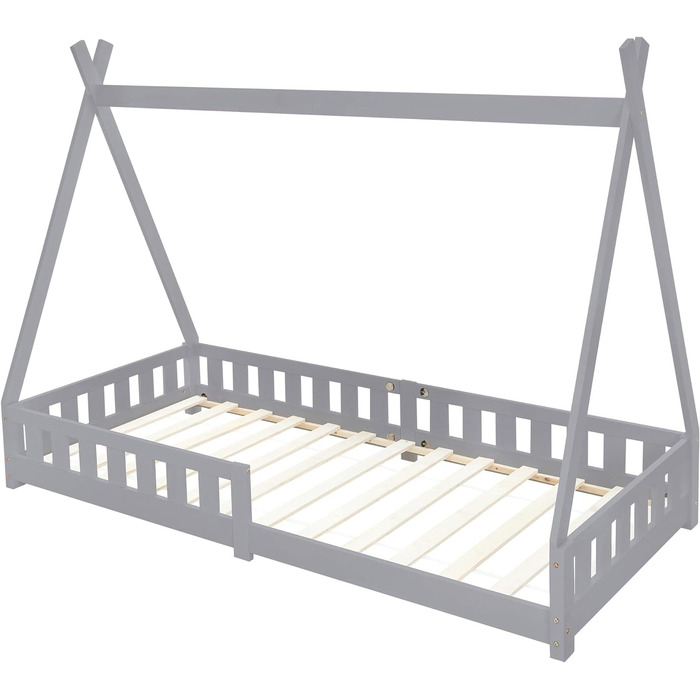 Дитяче ліжко Tipi ML-Design 90x200 см, світло-сіре, з бортиком і ламелями, з масиву сосни, індіанський будиночок для дівчаток і хлопчиків, ігрове ліжко-затишне намет-домік