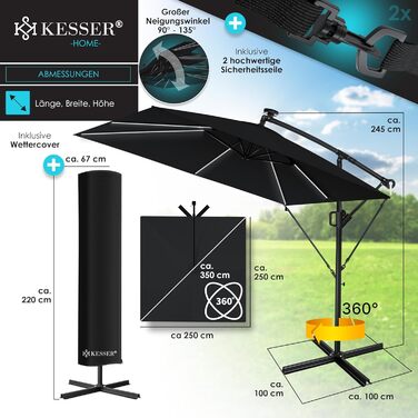 Парасолька для саду KESSER Holly з LED-підсвіткою, прямокутна, сонячна батарея, чорна, алюмінієва, водовідштовхувальна, з чохлом і фіксацією, діаметр 350 см, UV-захист, з ручкою-кривошипом і стійкою