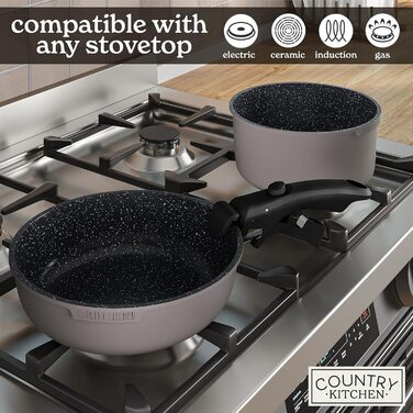 Набір посуду Country Kitchen 16 предметів: каструлі та сковорідки з антипригарним покриттям, знімними ручками Soft-Touch, для кемпінгу та приготування їжі в духовці (сірий)