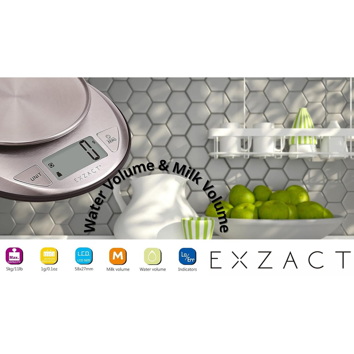 Електронні кухонні ваги Exzact EX4362 з великою індикацією, функцією вимірювання рідини, авто-нуль і тара, до 5 кг