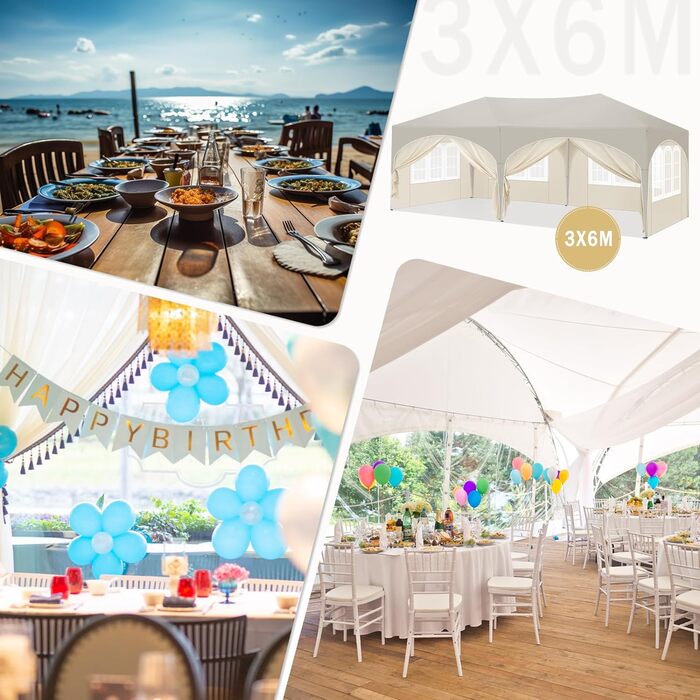 Павільйон WOLTU 3x6 м з 6 стінками, водостійкий садовий намет з UV-захистом 50+, регульований, з сумкою для транспортування, для вулиці, саду, кемпінгу, бежевий