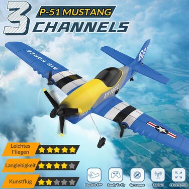 RC літак HAWK'S WORK P-51D Mustang 2.4GHz, готовий до польоту, 6-осьовий гіростабілізатор, синій - для дітей та початківців