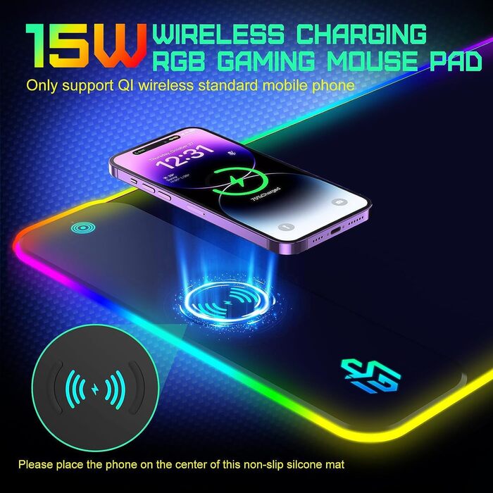 Ігрова мишка pad RGB з LED підсвічуванням та бездротовою зарядкою Qi 15W, чорний. Підходить для геймінгу, офісу та дому. Вологостійкий, з антиковзаючою поверхнею.