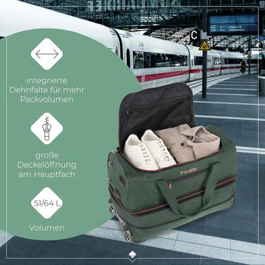 Дорожня сумка на колесах Travelite Basics Duffle L, 98-119 л, Зелено-помаранчева, 55 см
