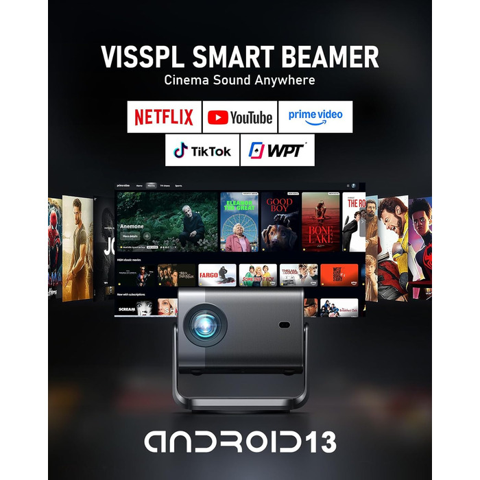 Смарт-проектор VISSPL 4K Full HD 1080P, 1000 ANSI люмен, WiFi 6, Bluetooth, автофокус та корекція трапецієподібних викривлень, для домашнього кінотеатру та використання на відкритому повітрі (Чорний)