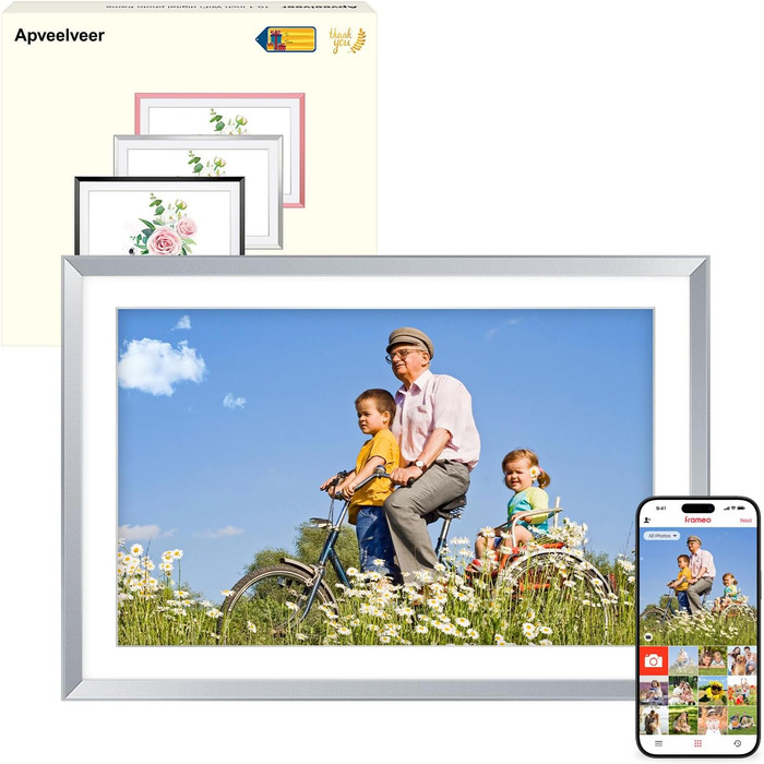 Цифровий рамка для фотографій з дерева, Wi-Fi, 32GB, 10.1 дюйма, IPS сенсорний екран, Frameo APP, подарунок, дуб (срібло)