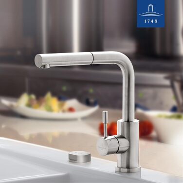 Змішувач кухонний Villeroy & Boch Steel з висувним душем, поворотний на 360°, нержавіюча сталь, високий вилив 270 мм, для кухні