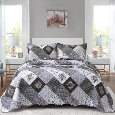Покривало WONGS BEDDING 220x240 см, стьобане, мікрофібра, патчворк, з 2 наволочками 48x75 см, квітковий візерунок, чорний/сірий