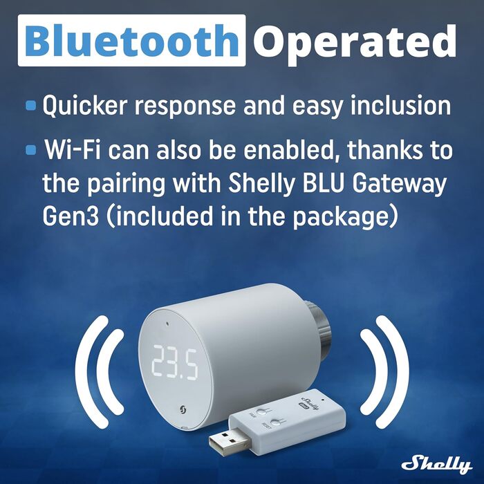 Shelly Blu TRV (3 шт.) + Shelly Blu Gateway Gen3: Розумний терморегулятор Bluetooth/Zigbee, точне регулювання температури, сумісність з Alexa та Google Home