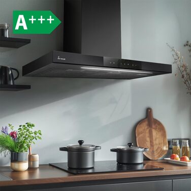 Витяжка кухонна KKT KOLBE FLAT6006ED настінна, 90 см, нержавіюча сталь та чорне скло, з WLAN, сенсорним керуванням та режимами відведення/рециркуляції повітря