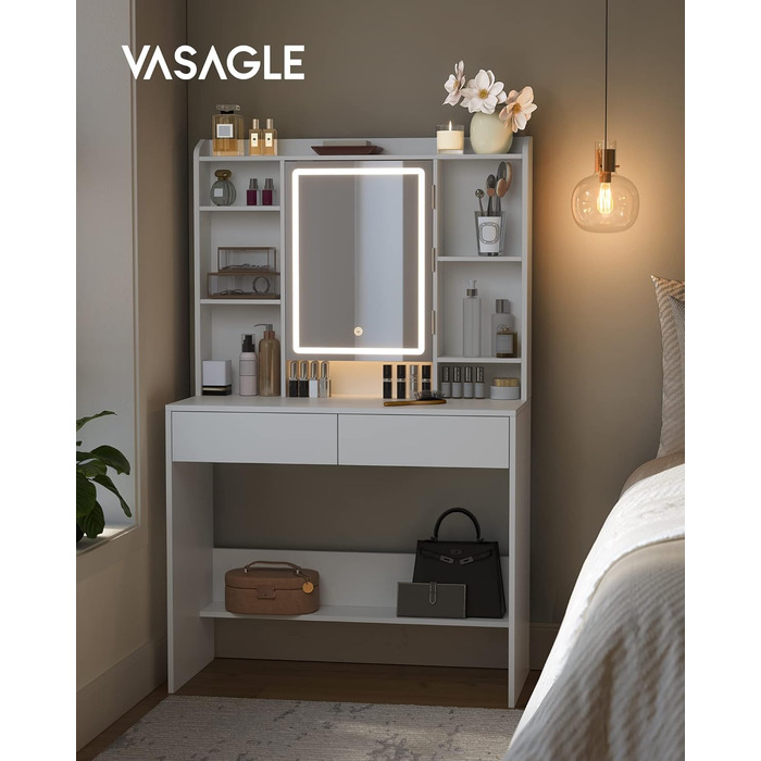Туалетний столик VASAGLE з LED підсвіткою, 3 кольори та регульована яскравість, дзеркало, полиці, 2 шухляди, білий, сучасний дизайн