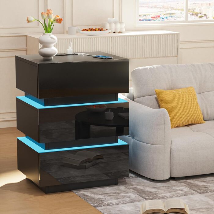 Тумба приліжкова Lvhecforhm з LED підсвіткою, USB та розетками, 16 кольорів, чорний глянець, з відкритими полицями