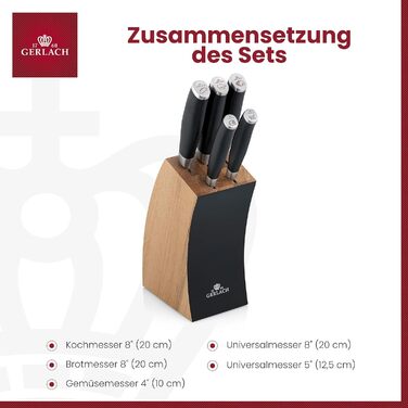 Набір кухонних ножів Gerlach Deco Black (5 предметів) у підставці з букового дерева, сталеві ножі для кухні