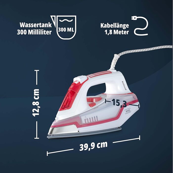 Парова праска KHG DB-2202WR червона, керамічна підошва, захист від накипу, авто-вимкнення, самоочищення