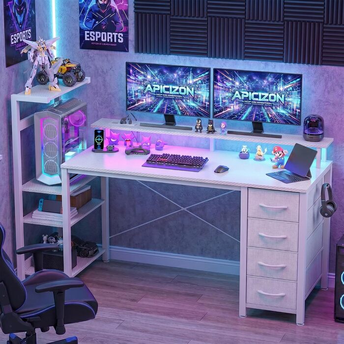 Ігровий стіл APICIZON 150 см з полицею, підставкою для монітора та RGB-підсвіткою, білий карбон. Стіл для ПК з USB-портами, тримачем для навушників та підставкою для чашки