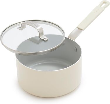 Набір посуду GreenPan x Bobby Flay 13 предметів: професійний алюміній, антипригарне покриття Ceramic, без PFAS/PFOA, індукційний, силіконові ручки, сумісний з посудомийною машиною (2.53QT соусниця з кришкою, кремовий)