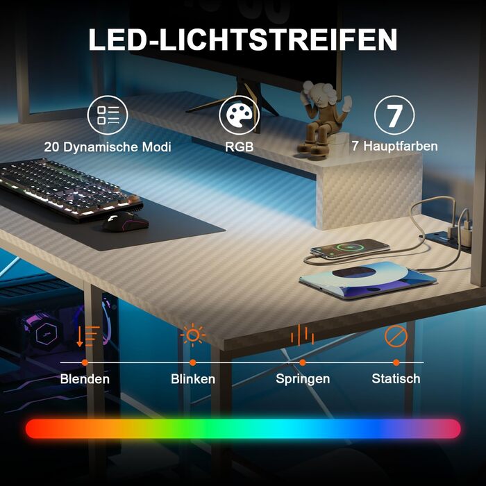 Ігровий стіл Devoko з LED-підсвіткою, 120x60 см, комп'ютерний стіл із USB та розеткою, полиця та підставка під монітор, вінтажний коричневий