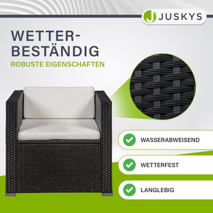Juskys Lounge Punta Cana L: Комплект садово-розкішних меблів для 4-5 осіб (софа 3 місця, крісло, пуф, столик, подушки). Чудовий вибір для саду, тераси та балкону. Водостійкий набір меблів для відпочинку. Чорний/Крем.