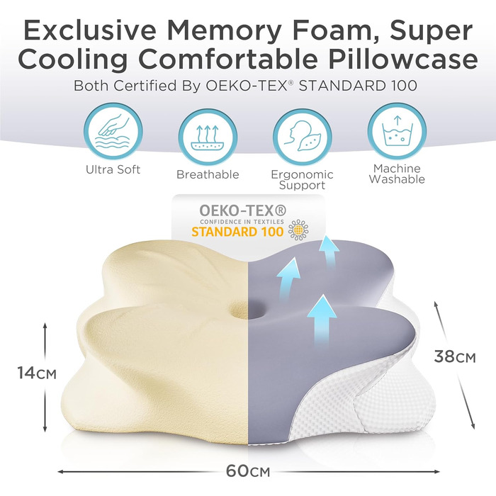 Подушка ортопедична з Memory Foam для сну на боці, спині та животі, блакитна. Преміум-якість, підтримка шиї