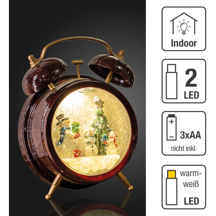 LED ліхтар Hellum Снігова куля на Новий Рік, 14x20 см, святкова прикраса, батарейний, прикраса на Різдво, 524321 (Сніговик, будильник)