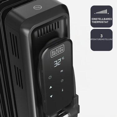 Масляний радіатор BLACK+DECKER BXRA2300E, 2500 Вт, 11 секцій, з термостатом та захистом від перегріву, чорний
