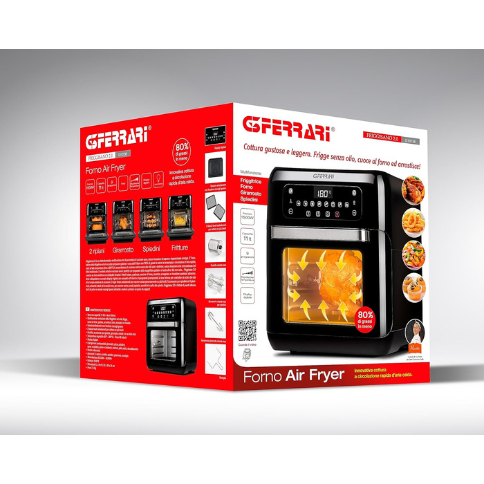 Аерофритюрниця G3 Ferrari Friggisano 2.0 G10136, 1500 Вт, 11 л, 9 програм, цифровий дисплей, підсвітка, чорна
