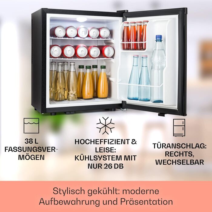 Klarstein Міні-холодильник для кімнати, напоїв, косметики, 38 л, тиха мінібарна холодильна камера з регульованими полицями, температурний режим 6-18°C