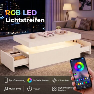 LED журнальний стіл з місцями для зберігання, сучасний дворівневий стіл у вітальню з 2 шухлядами, глянцевий білий
