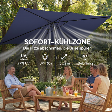 Сонячний парасоль з LED-підсвіткою, приблизно 300 x 200 см, регульований, балконний парасоль з ручним механізмом, захисний чохол, захист від УФ-променів, поворотний, темно-синій
