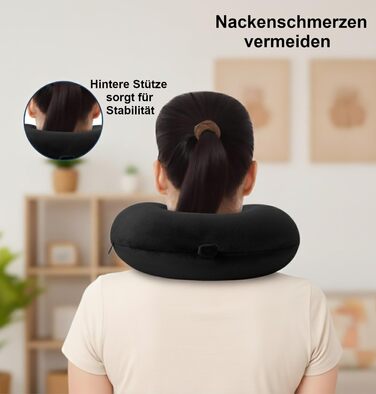Подорожня подушка-натиранік U-подібна з ефектом пам'яті Memory Foam, м'який чохол, чорна — для літака, авто та офісу