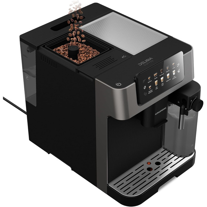 Кавомашина автоматична Grundig KVA 7230, 19 бар, сталева кавомолка (13 ступенів), капучинатор, підігрів чашок, чорний/сріблястий