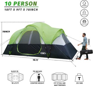 Сімейний кемпінговий намет UNP для 10 осіб, водонепроникний намет для фестивалів та вечірок, 2 кімнати, двошаровий, 5.5 x 2.7 x 198 см (Неоново-зелений)