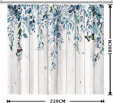 Шторка для душу 180x220 см, антигрибкова, з тропічним дизайном (пальмові листя, евкаліпт, гриби), водонепроникна, поліестер, для ванної кімнати, з 12 гачками (блакитна)