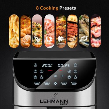 Аерофритюрниця Lehmann XXL 8 л, 1800 Вт, цифровий LED-екран, 10 програм, регулювання температури 76-200°C, таймер, приготування без олії, для здорового харчування