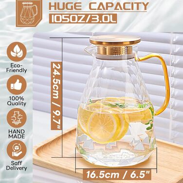 Скляна карафа Yirilan 2.2 л з кришкою, 74 унції, для води, 3 літри